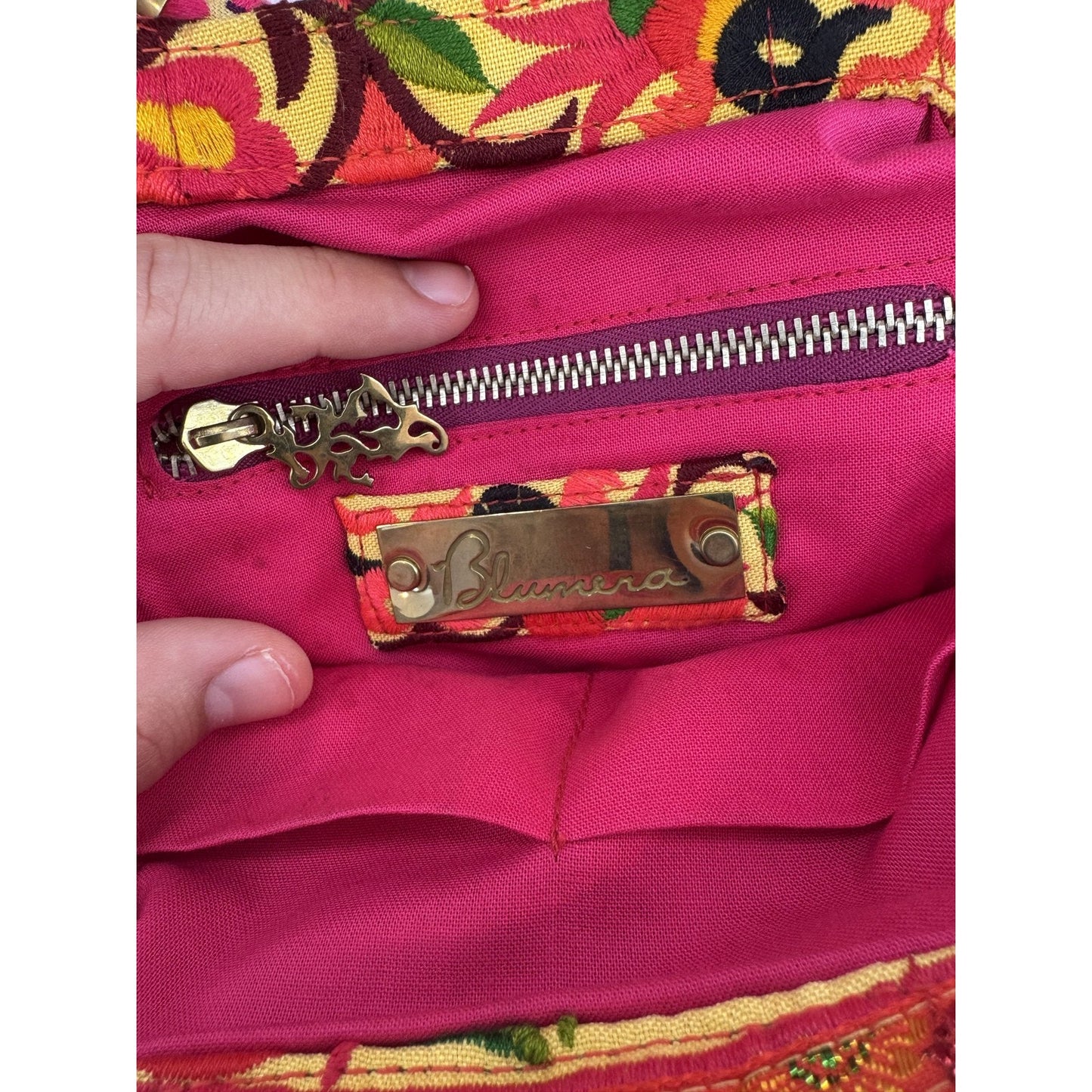 Blumera Clutch Pink Red Embroidered Floral Gold Chain Purse