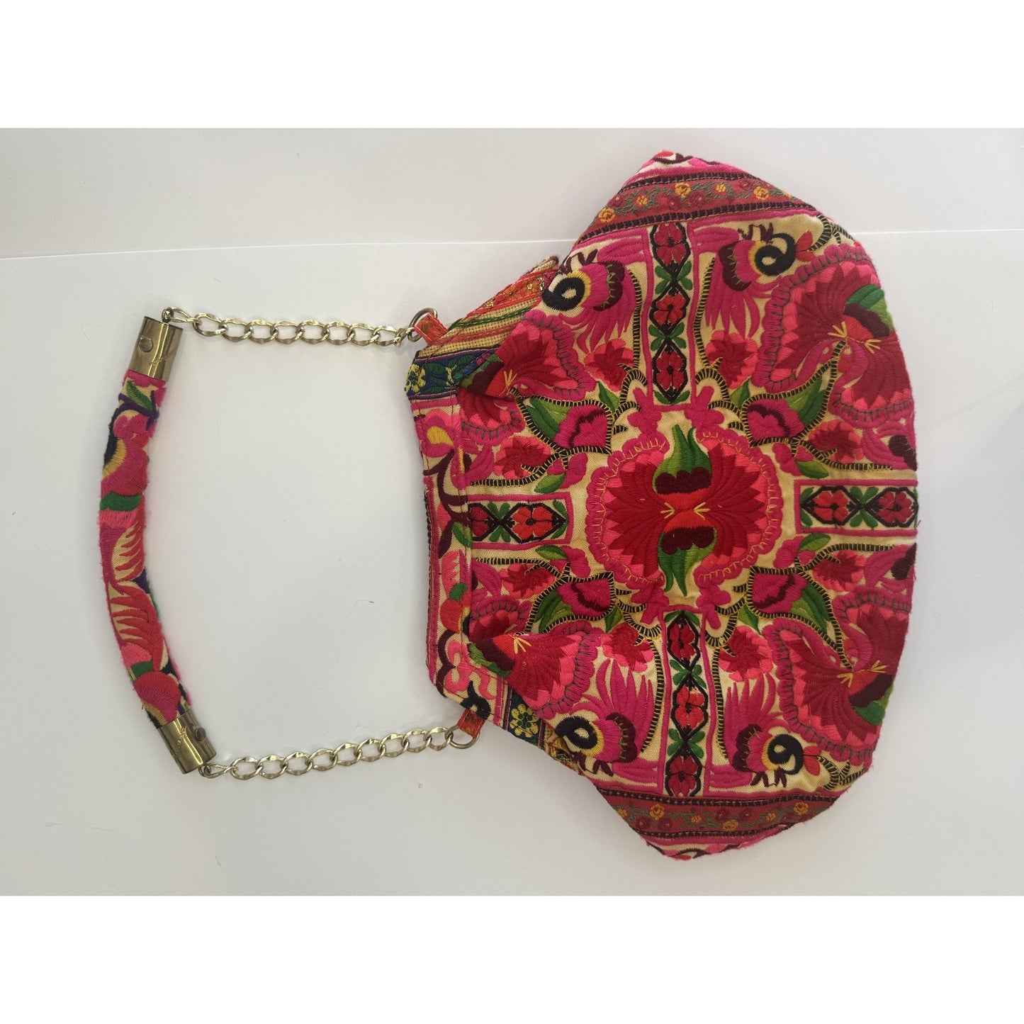 Blumera Clutch Pink Red Embroidered Floral Gold Chain Purse