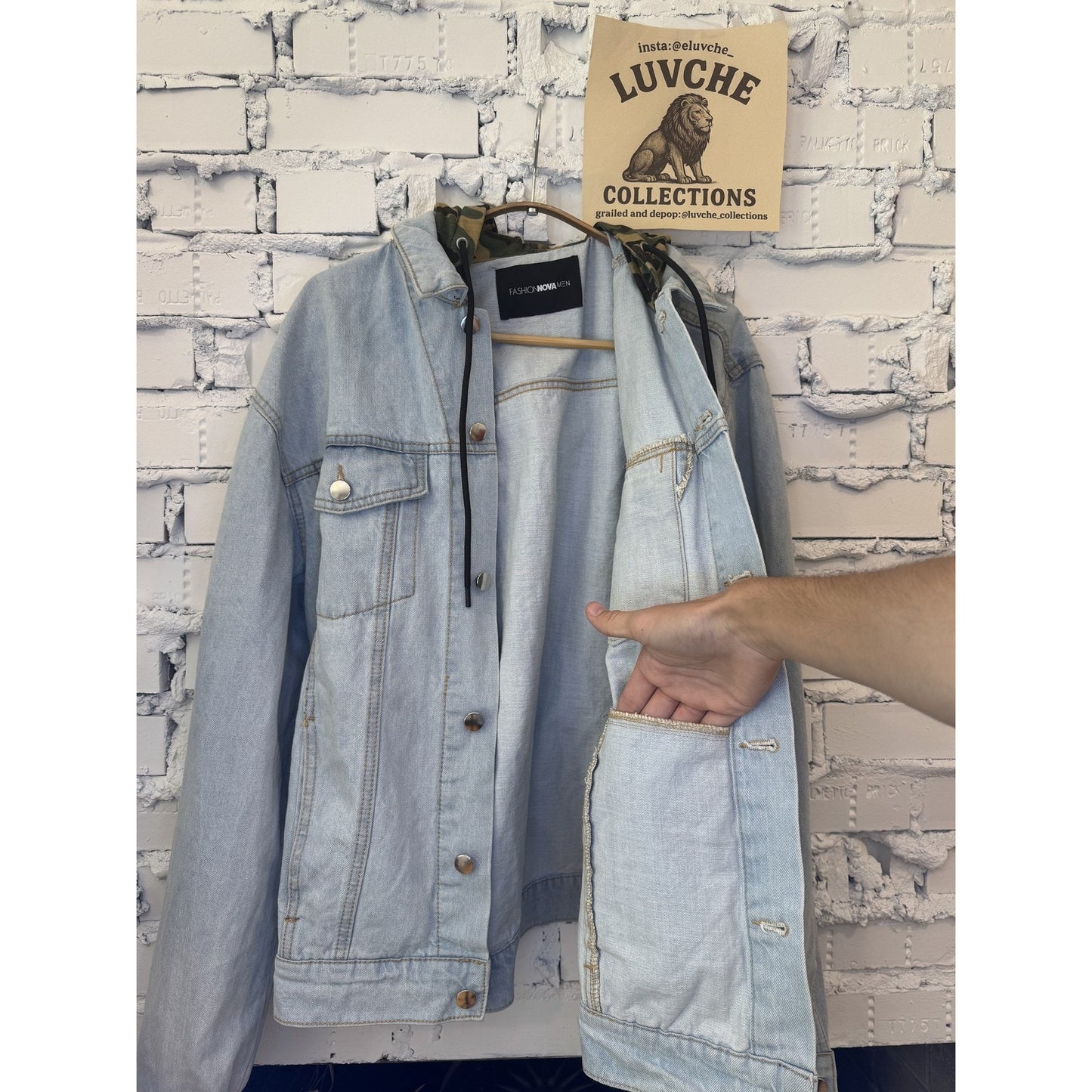 Fashion Nova Mens Large Blue Denim Camo Jean Jacket Outerwear