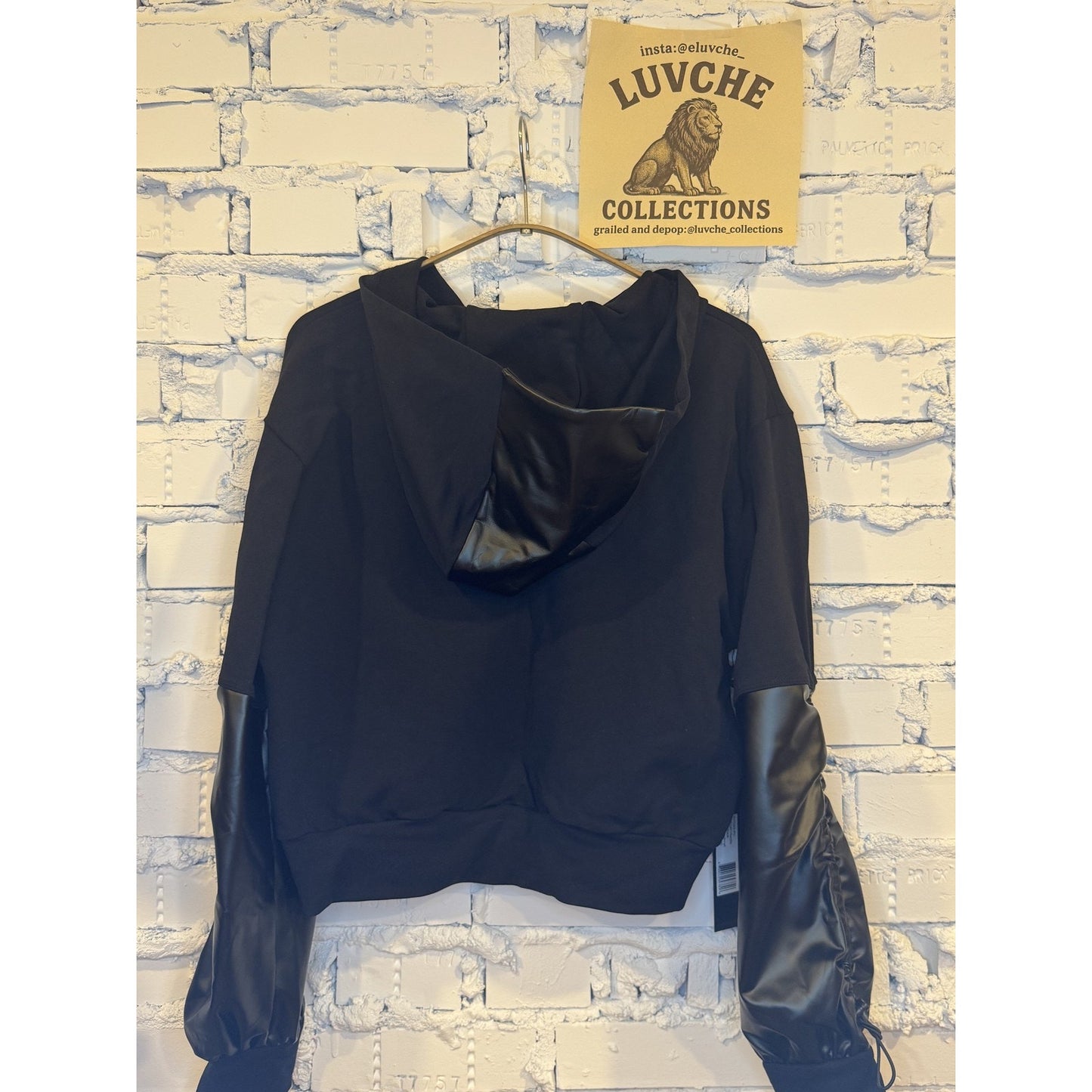Noli Hoodie Faux Leather Pocket Pullover Drawstring Sleeve