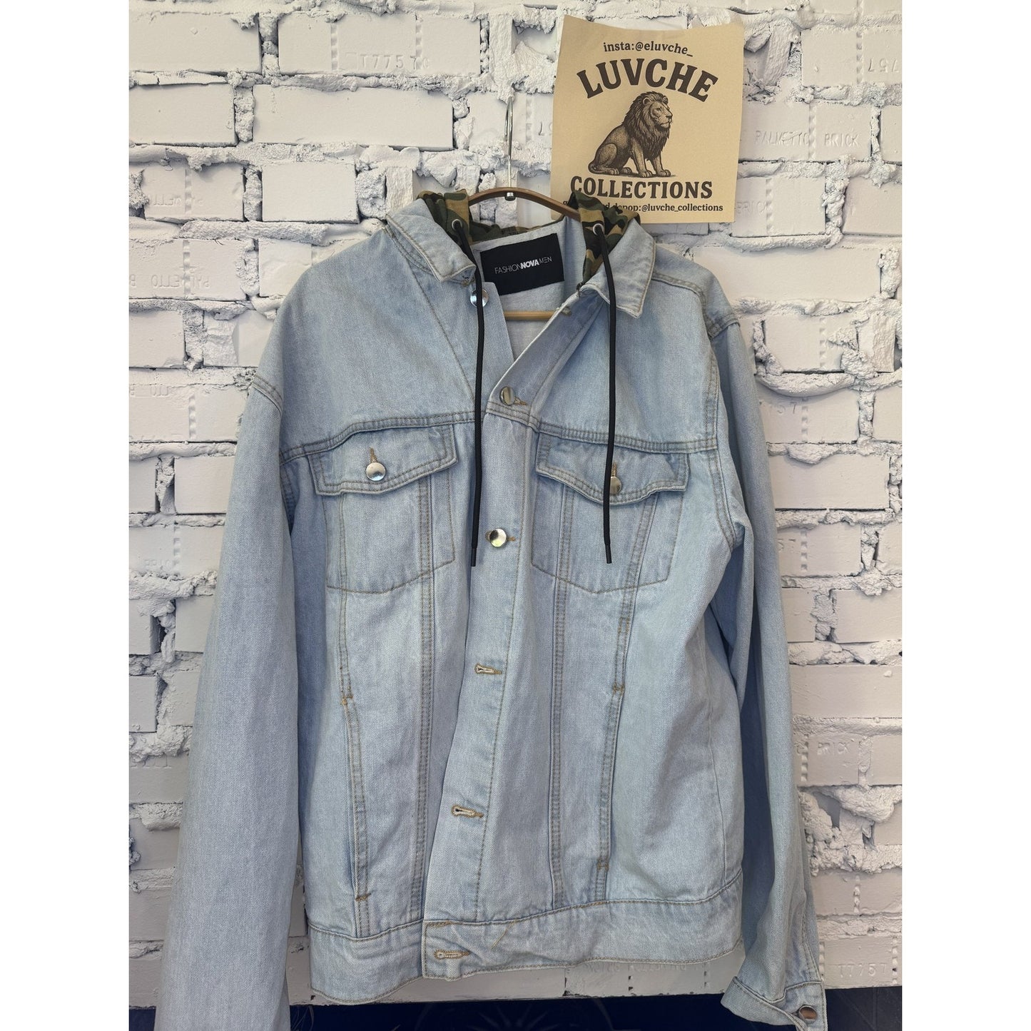 Fashion Nova Mens Large Blue Denim Camo Jean Jacket Outerwear