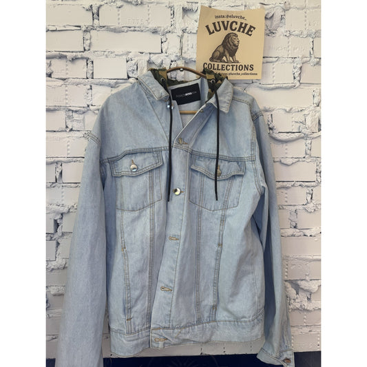 Fashion Nova Mens Large Blue Denim Camo Jean Jacket Outerwear