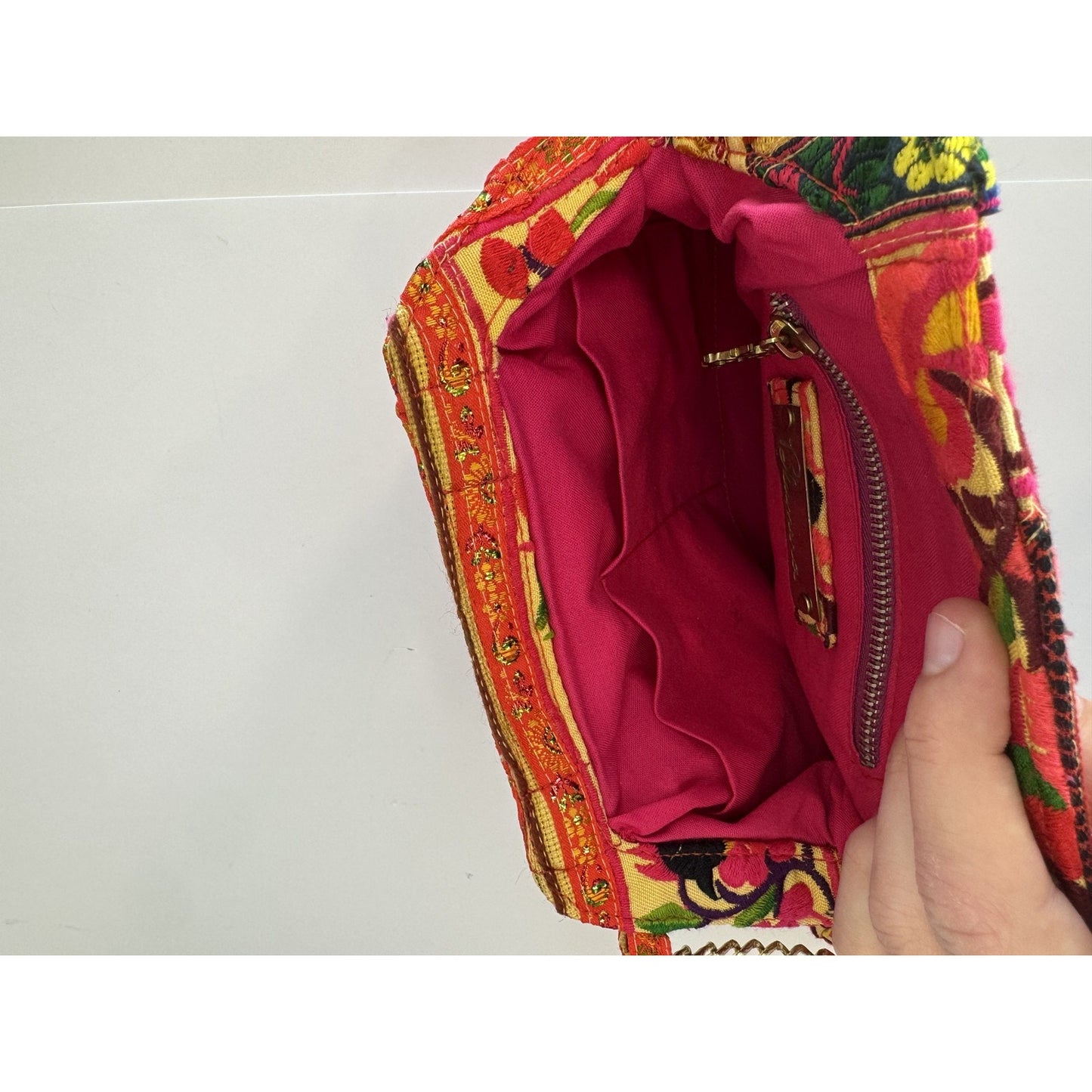 Blumera Clutch Pink Red Embroidered Floral Gold Chain Purse