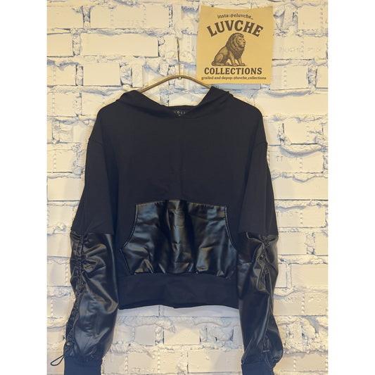 Noli Hoodie Faux Leather Pocket Pullover Drawstring Sleeve