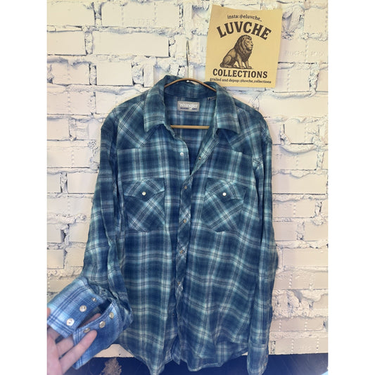 Wrangler Wrancher Shirt Mens XL Blue Plaid Flannel Western