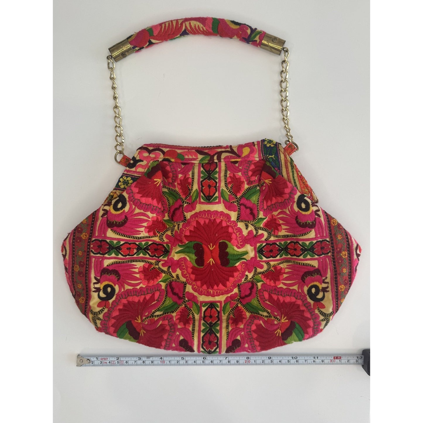 Blumera Clutch Pink Red Embroidered Floral Gold Chain Purse