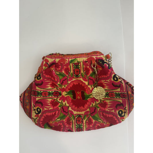 Blumera Clutch Pink Red Embroidered Floral Gold Chain Purse