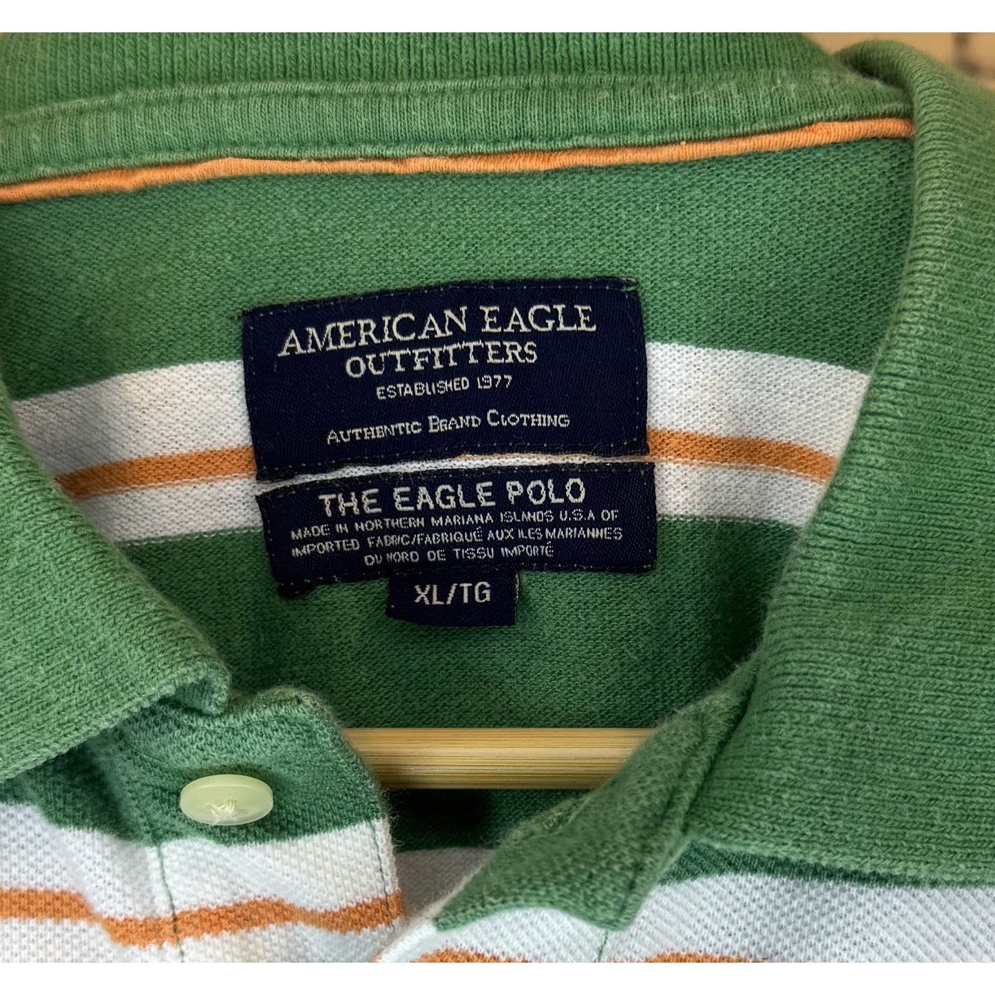 American Eagle Mens XL Green White Orange Striped Polo