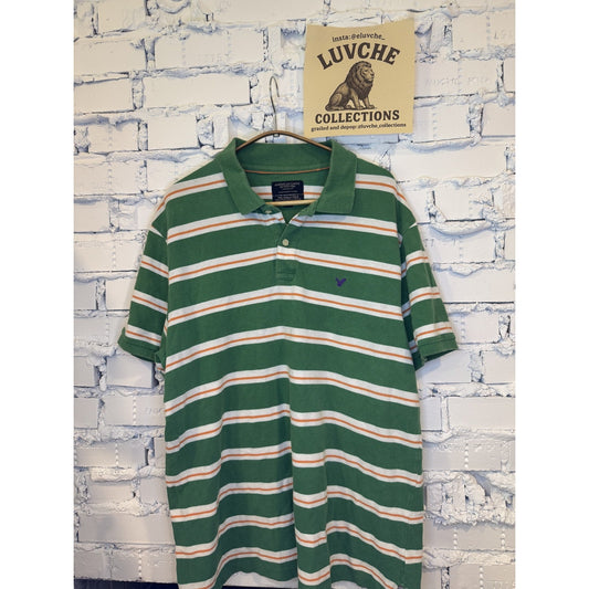 American Eagle Mens XL Green White Orange Striped Polo