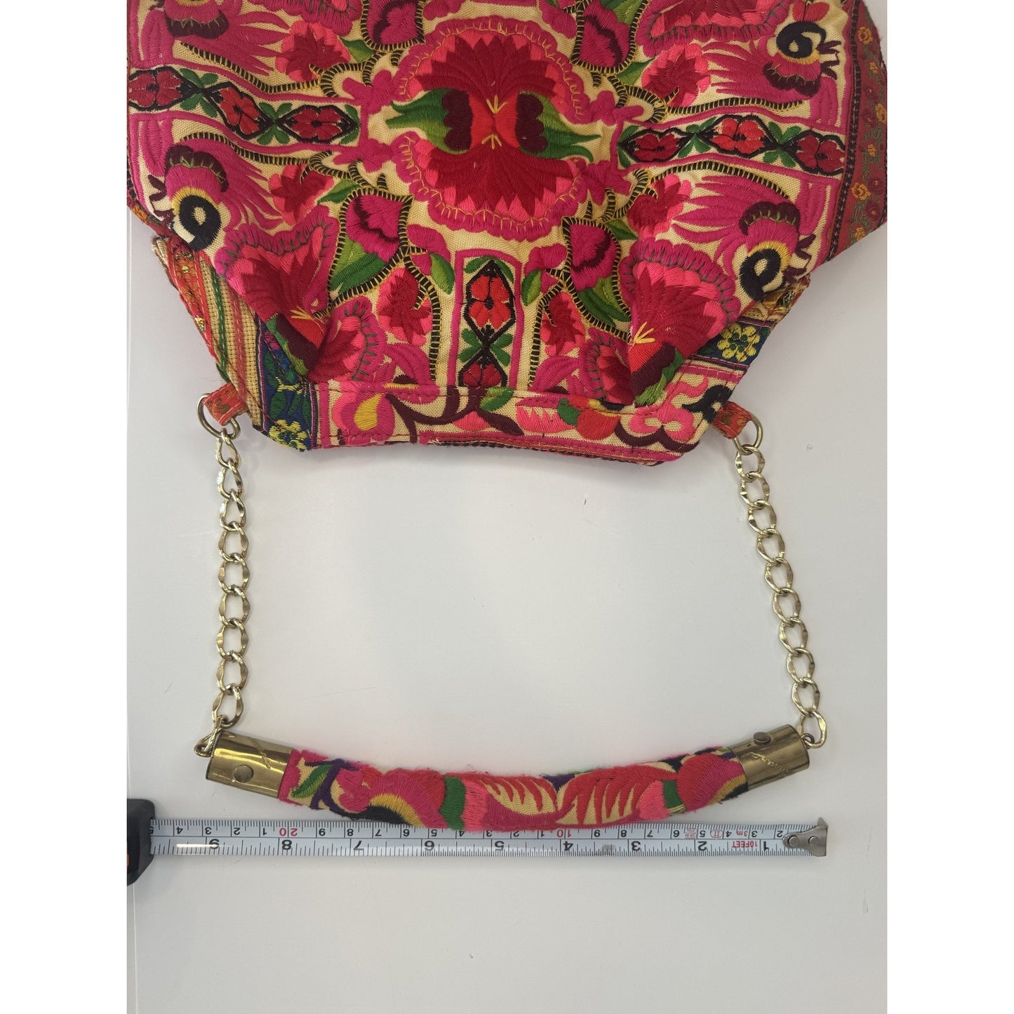 Blumera Clutch Pink Red Embroidered Floral Gold Chain Purse