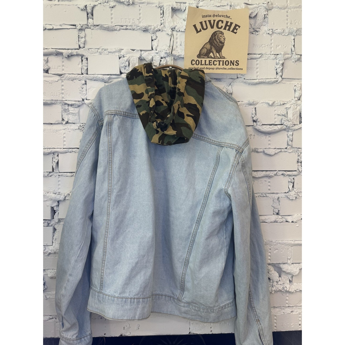 Fashion Nova Mens Large Blue Denim Camo Jean Jacket Outerwear